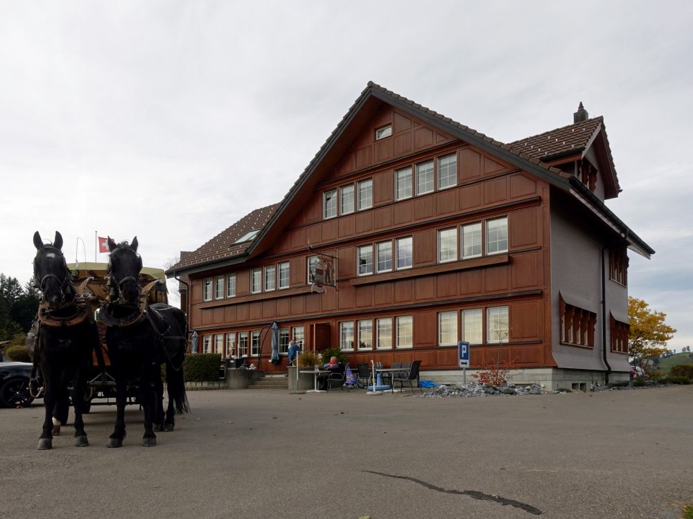 Pferdegespann vor Gasthaus Chäseren