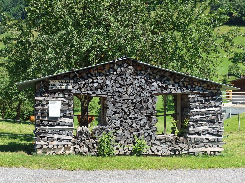 Holzstapel als Hausfassade