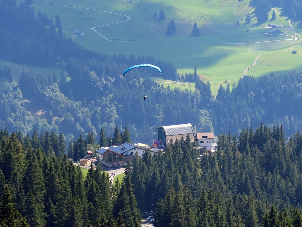 Bergstation Ristis mit Gleitschirmflieger