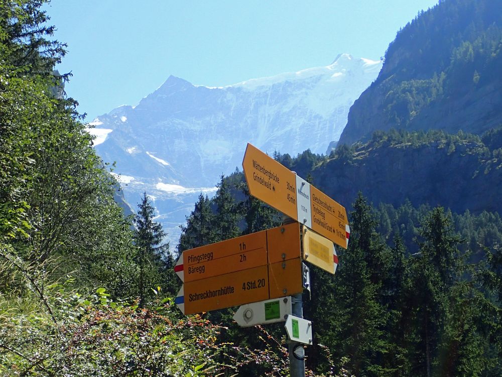 Wanderwegweiser und Bergspitzen