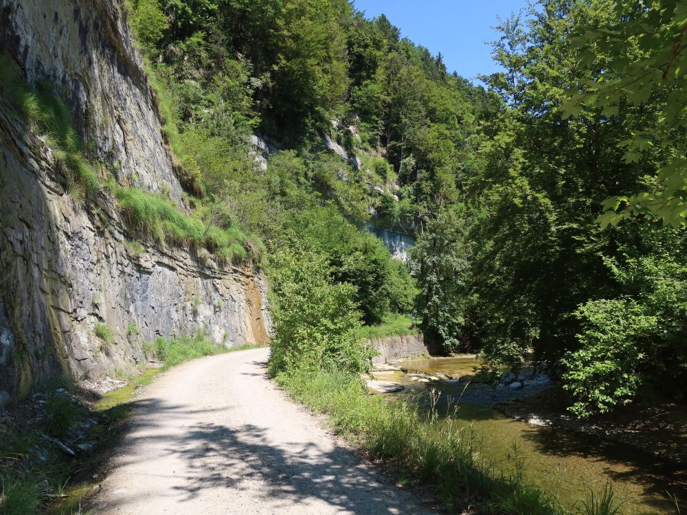 Weg zwischen Felswand und Schwarzwasser