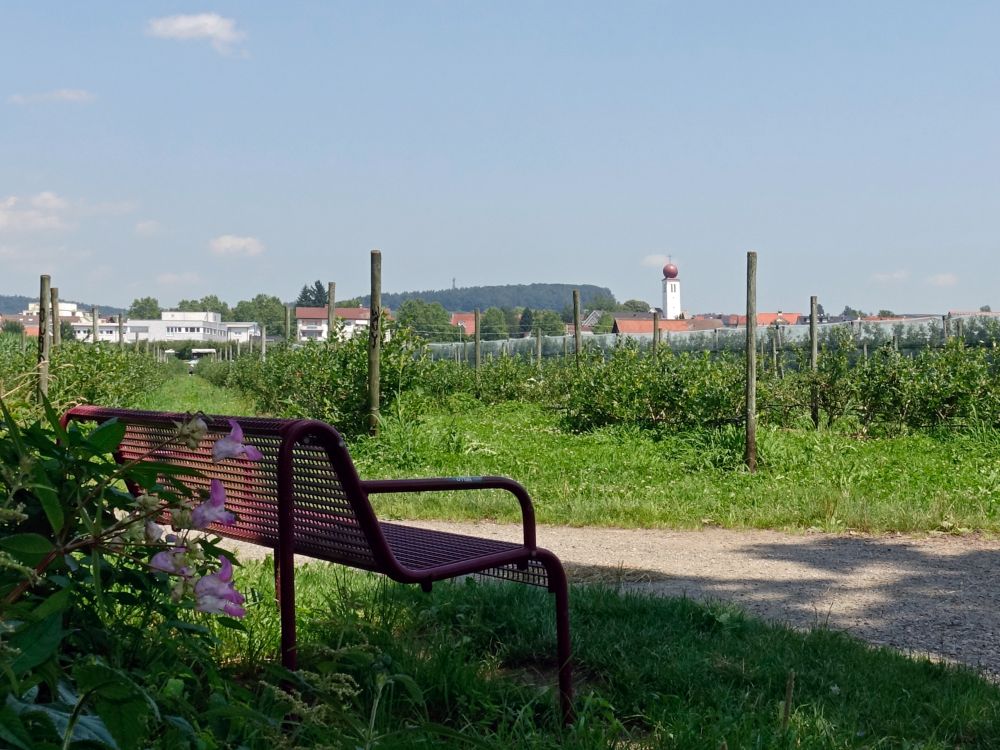 Sitzbank und Kirche von Kressbronn