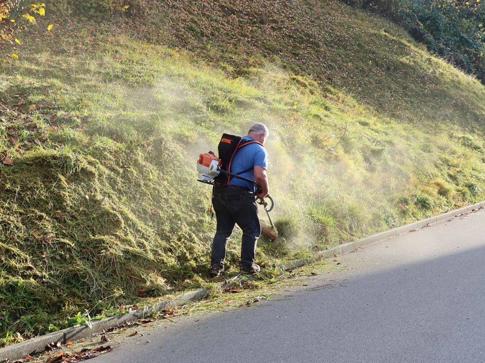 Mäharbeiten mit Staubwolke