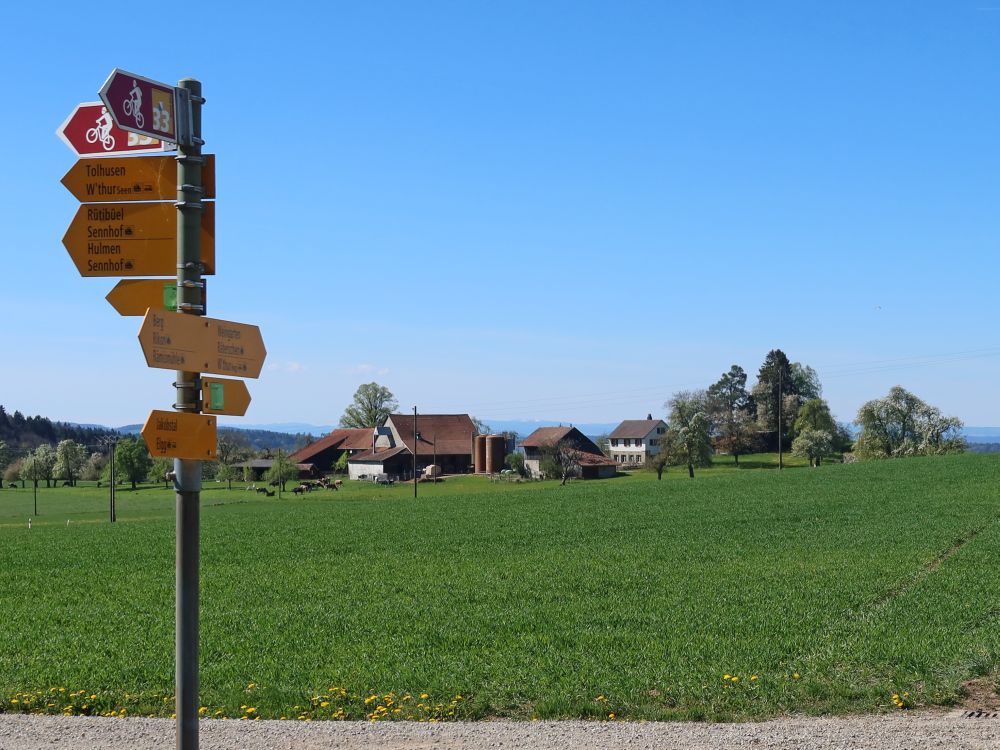 Wanderwegweiser und Bauernhof Neuguet