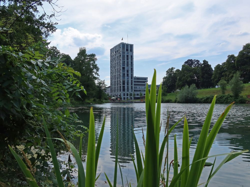 Hochhaus spiegelt sich im Weiher