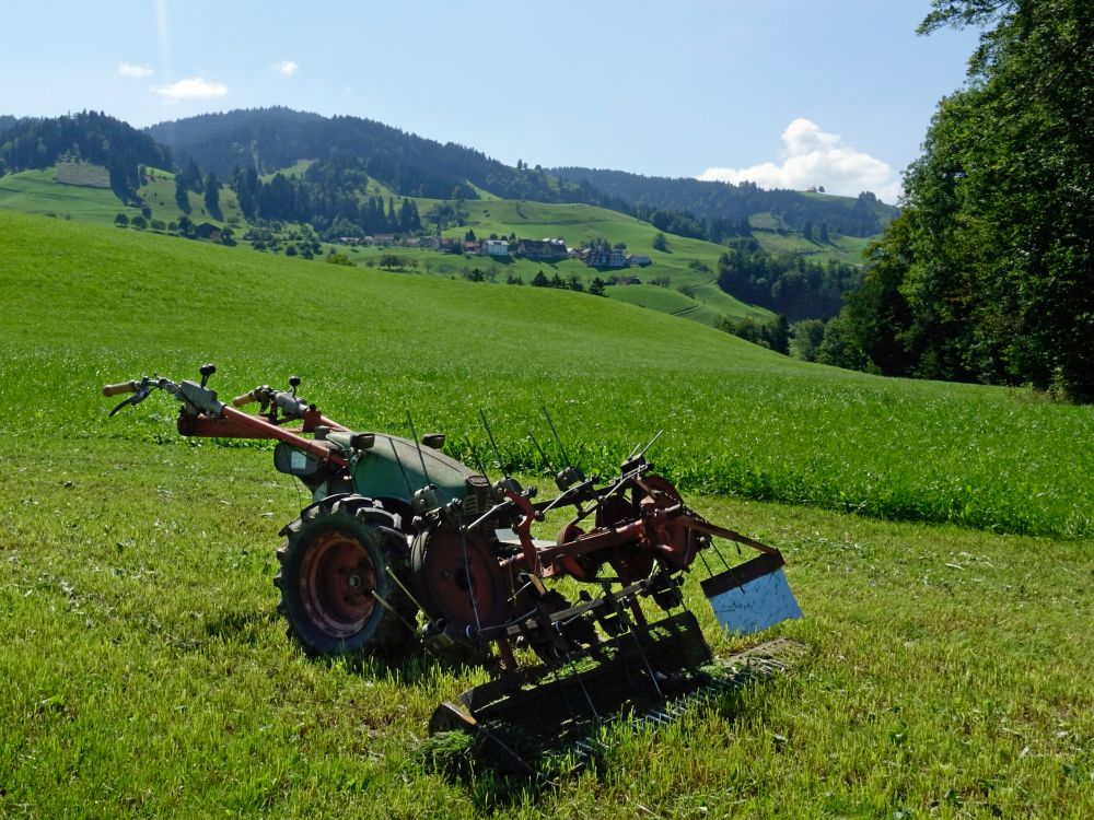 Mähwerkzeug und Blick nach Finstersee