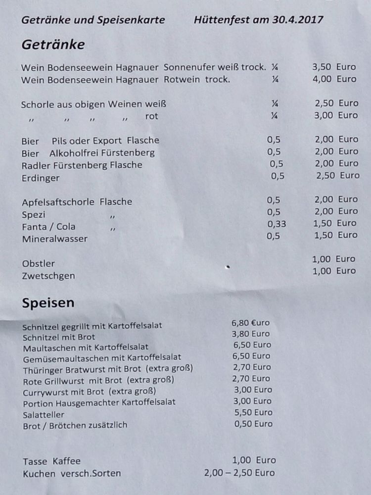 Preisliste Hüttenfest